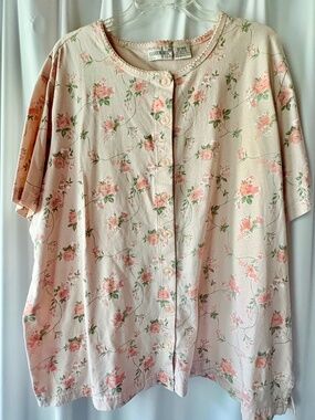 Vintage Fashion Bug Peach Floral Short Sleeve 8 Button Front Blouse 26/28